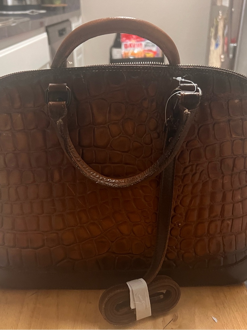 Brown Croc-Embossed Satchel Handbag